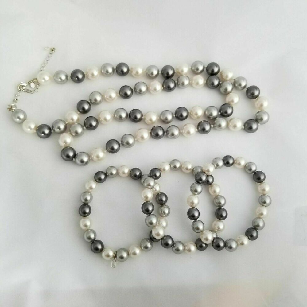 Signed Roman Faux Pearl Necklace and 3 Bracelets Set White Silver Gray Lot RMN